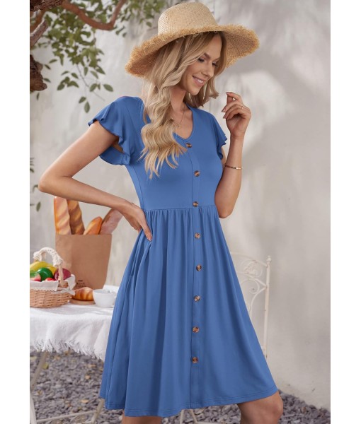 WNEEDU Women Summer Dresses Sleeveless Casual Loose Swing Button Down Midi Dress with Pockets