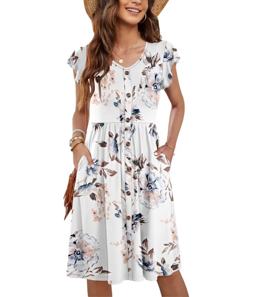 WNEEDU Women Summer Dresses Sleeveless Casual Loose Swing Button Down Midi Dress with Pockets