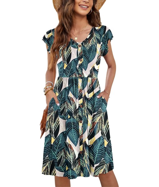 WNEEDU Women Summer Dresses Sleeveless Casual Loose Swing Button Down Midi Dress with Pockets