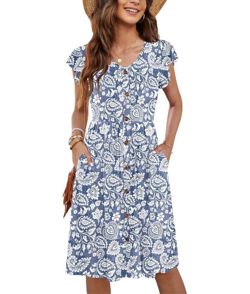 WNEEDU Women Summer Dresses Sleeveless Casual Loose Swing Button Down Midi Dress with Pockets