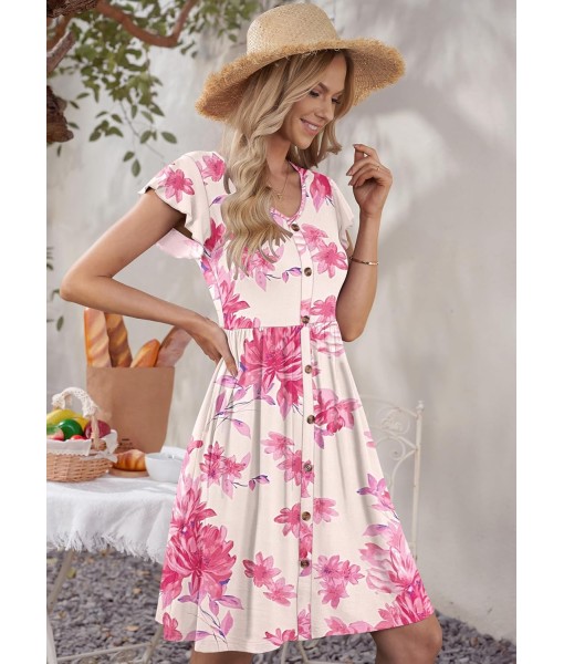 WNEEDU Women Summer Dresses Sleeveless Casual Loose Swing Button Down Midi Dress with Pockets