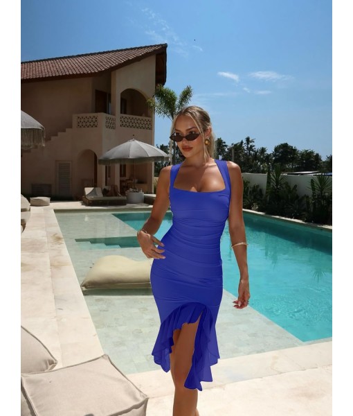 BORIFLORS Women's Sexy Ruched Bodycon Midi Dresses Square Neck Sleeveless Ruffle Hem Club Party Tank Dress