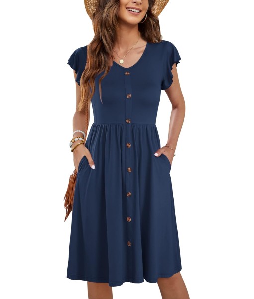 WNEEDU Women Summer Dresses Sleeveless Casual Loose Swing Button Down Midi Dress with Pockets
