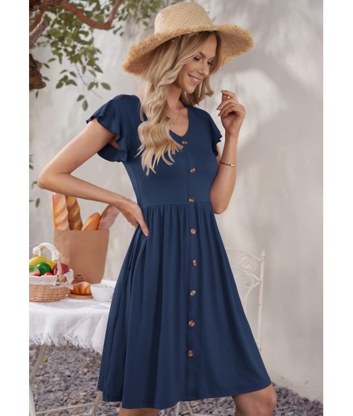 WNEEDU Women Summer Dresses Sleeveless Casual Loose Swing Button Down Midi Dress with Pockets