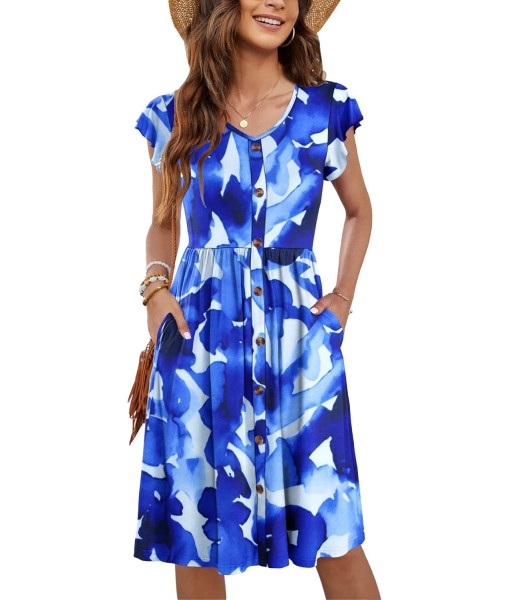 WNEEDU Women Summer Dresses Sleeveless Casual Loose Swing Button Down Midi Dress with Pockets