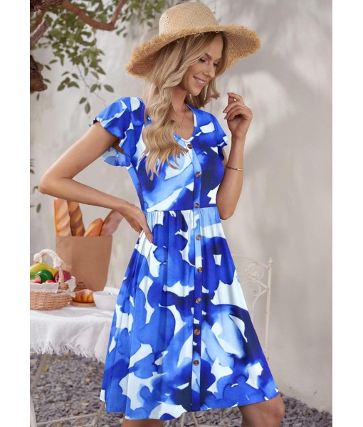 WNEEDU Women Summer Dresses Sleeveless Casual Loose Swing Button Down Midi Dress with Pockets