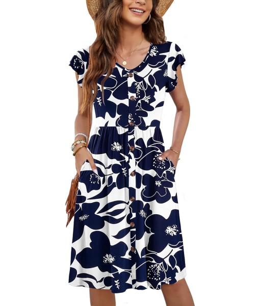 WNEEDU Women Summer Dresses Sleeveless Casual Loose Swing Button Down Midi Dress with Pockets