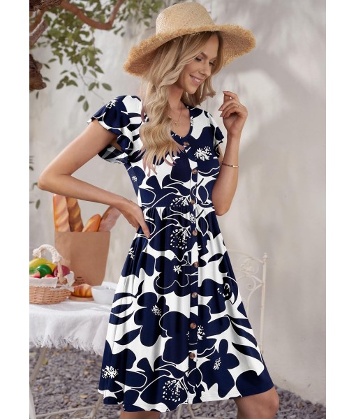 WNEEDU Women Summer Dresses Sleeveless Casual Loose Swing Button Down Midi Dress with Pockets