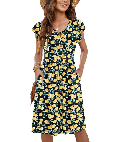 WNEEDU Women Summer Dresses Sleeveless Casual Loose Swing Button Down Midi Dress with Pockets