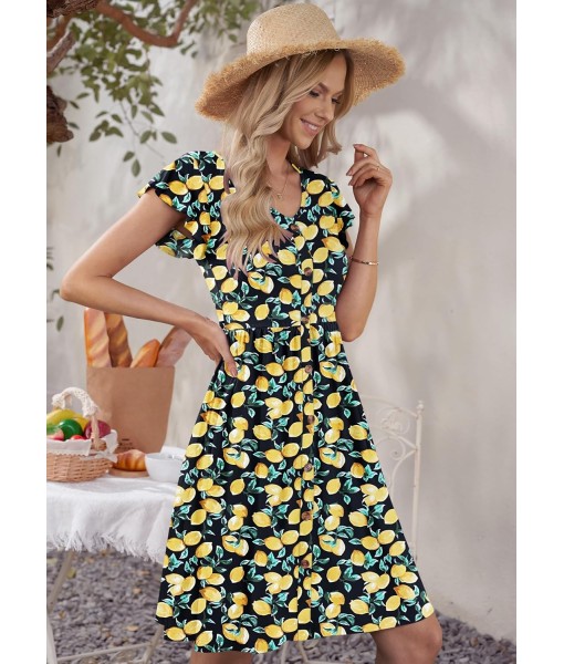 WNEEDU Women Summer Dresses Sleeveless Casual Loose Swing Button Down Midi Dress with Pockets