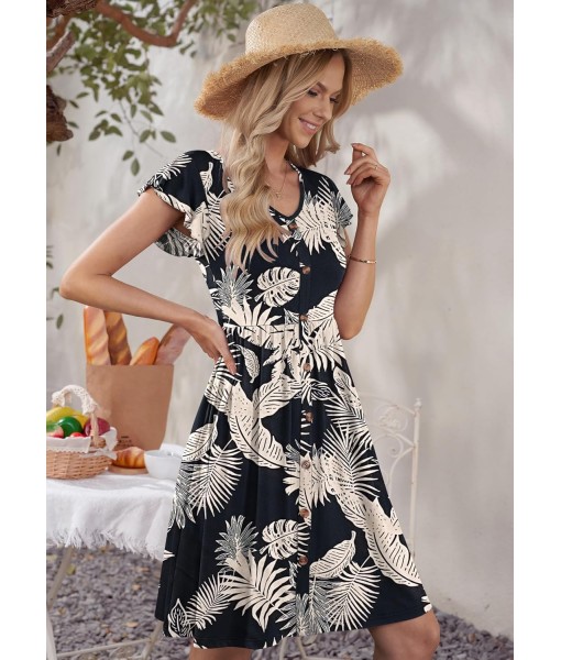 WNEEDU Women Summer Dresses Sleeveless Casual Loose Swing Button Down Midi Dress with Pockets
