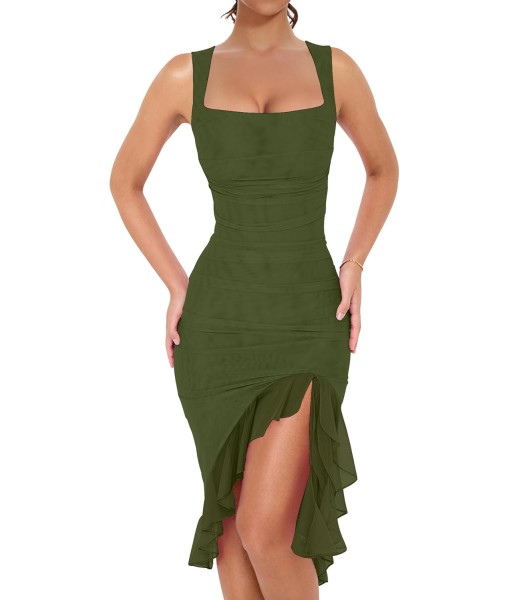BORIFLORS Women's Sexy Ruched Bodycon Midi Dresses Square Neck Sleeveless Ruffle Hem Club Party Tank Dress