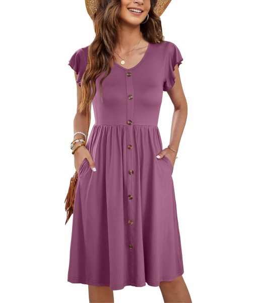 WNEEDU Women Summer Dresses Sleeveless Casual Loose Swing Button Down Midi Dress with Pockets
