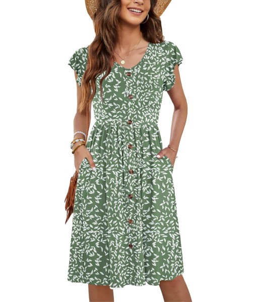 WNEEDU Women Summer Dresses Sleeveless Casual Loose Swing Button Down Midi Dress with Pockets