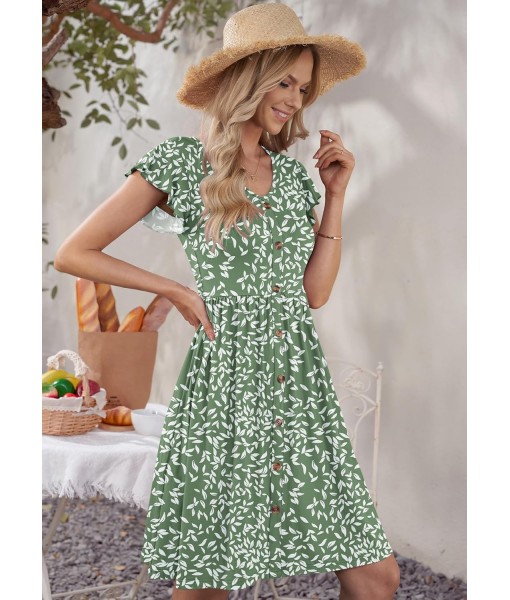 WNEEDU Women Summer Dresses Sleeveless Casual Loose Swing Button Down Midi Dress with Pockets