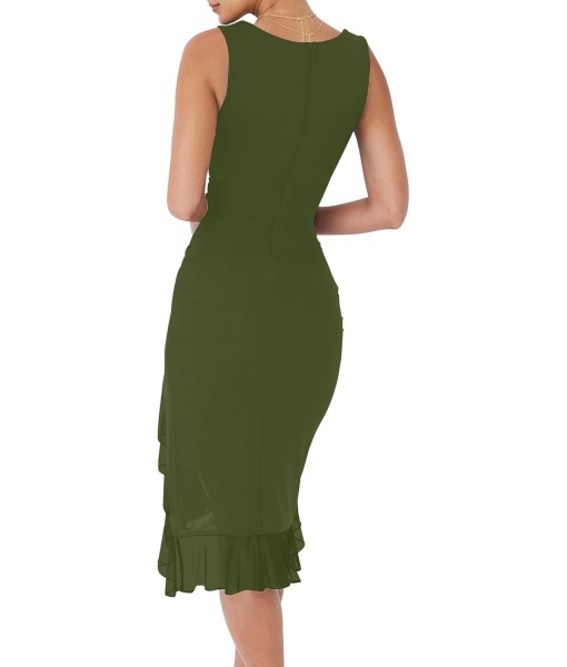 BORIFLORS Women's Sexy Ruched Bodycon Midi Dresses Square Neck Sleeveless Ruffle Hem Club Party Tank Dress
