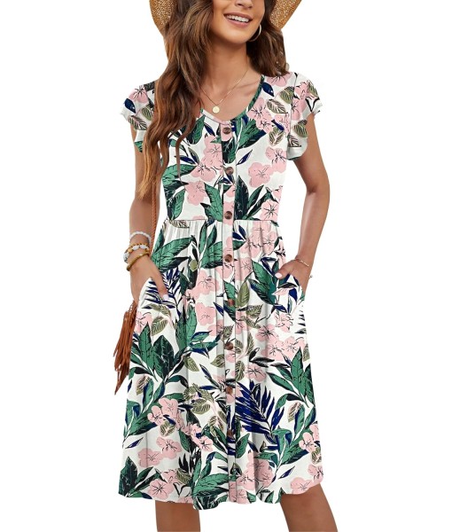 WNEEDU Women Summer Dresses Sleeveless Casual Loose Swing Button Down Midi Dress with Pockets