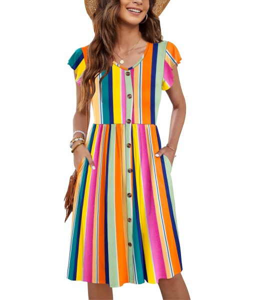 WNEEDU Women Summer Dresses Sleeveless Casual Loose Swing Button Down Midi Dress with Pockets