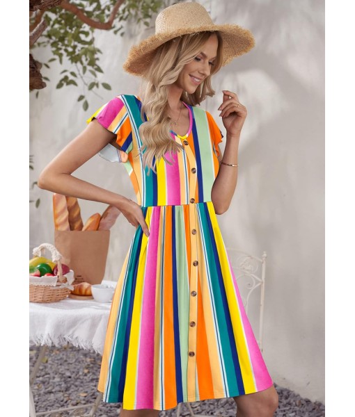WNEEDU Women Summer Dresses Sleeveless Casual Loose Swing Button Down Midi Dress with Pockets