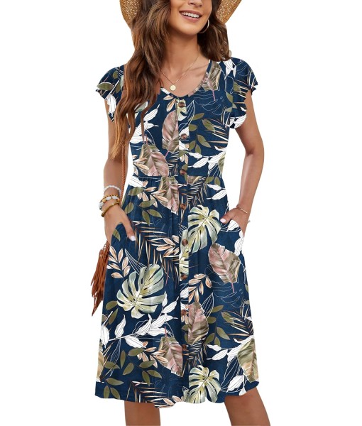 WNEEDU Women Summer Dresses Sleeveless Casual Loose Swing Button Down Midi Dress with Pockets