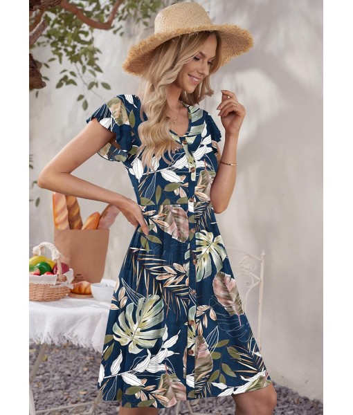 WNEEDU Women Summer Dresses Sleeveless Casual Loose Swing Button Down Midi Dress with Pockets