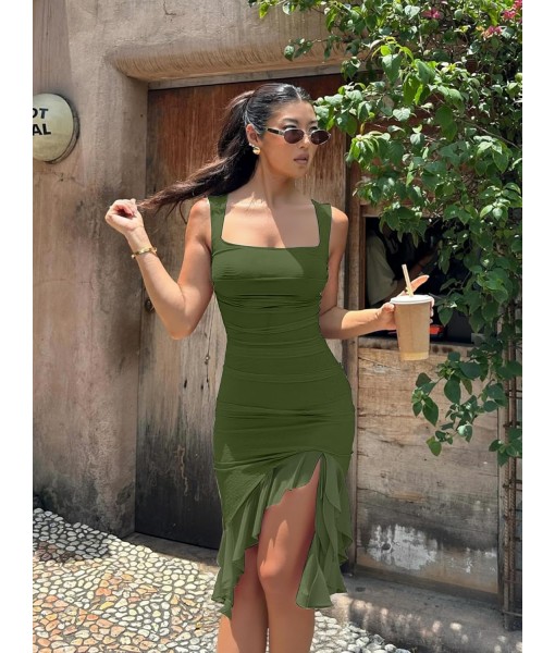 BORIFLORS Women's Sexy Ruched Bodycon Midi Dresses Square Neck Sleeveless Ruffle Hem Club Party Tank Dress