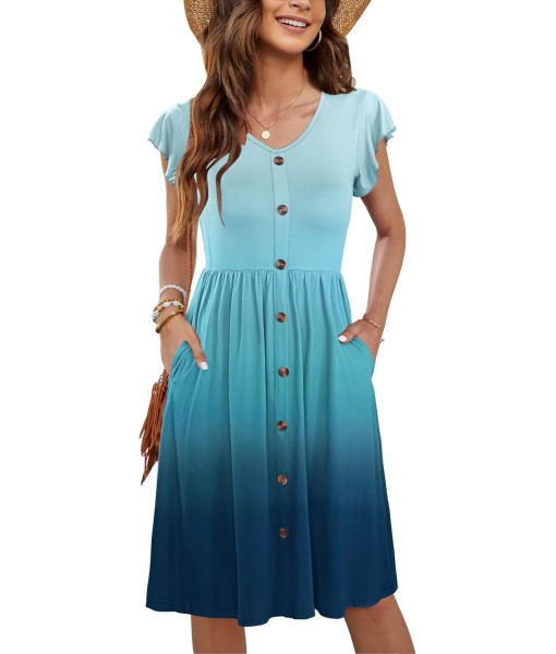 WNEEDU Women Summer Dresses Sleeveless Casual Loose Swing Button Down Midi Dress with Pockets