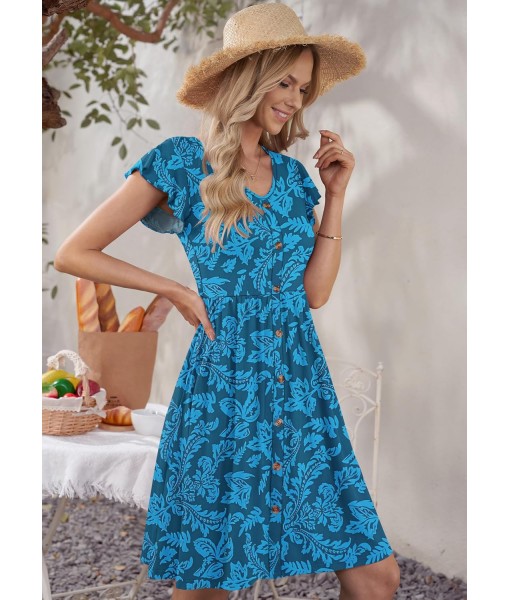 WNEEDU Women Summer Dresses Sleeveless Casual Loose Swing Button Down Midi Dress with Pockets