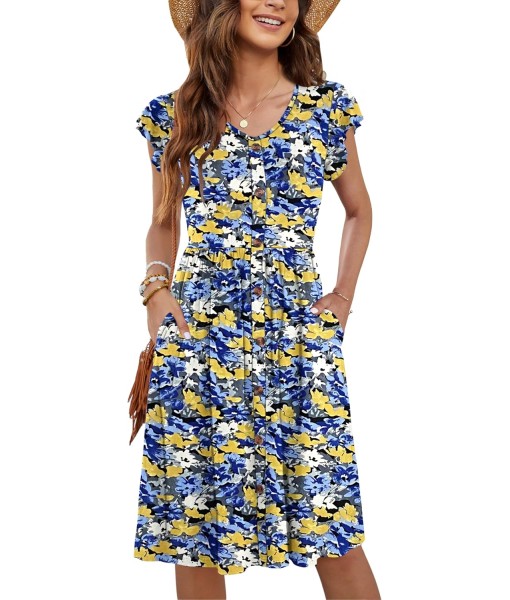 WNEEDU Women Summer Dresses Sleeveless Casual Loose Swing Button Down Midi Dress with Pockets