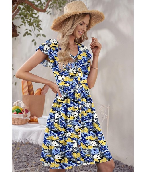 WNEEDU Women Summer Dresses Sleeveless Casual Loose Swing Button Down Midi Dress with Pockets