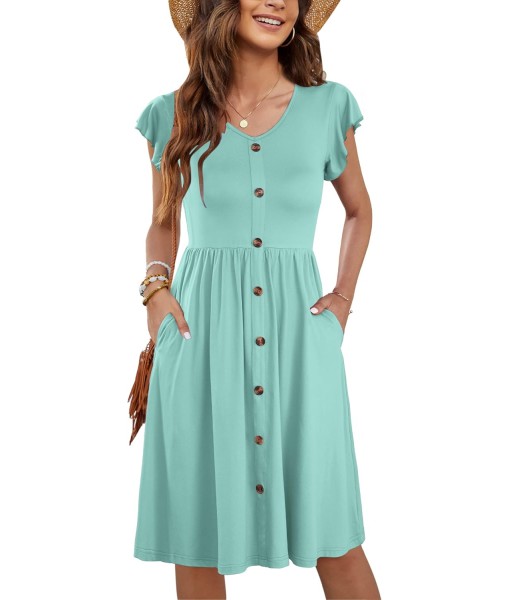 WNEEDU Women Summer Dresses Sleeveless Casual Loose Swing Button Down Midi Dress with Pockets