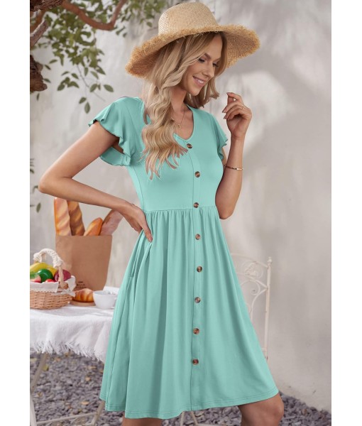 WNEEDU Women Summer Dresses Sleeveless Casual Loose Swing Button Down Midi Dress with Pockets