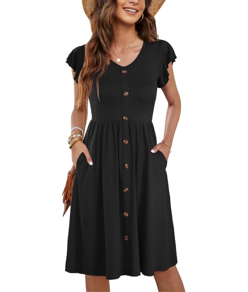 WNEEDU Women Summer Dresses Sleeveless Casual Loose Swing Button Down Midi Dress with Pockets