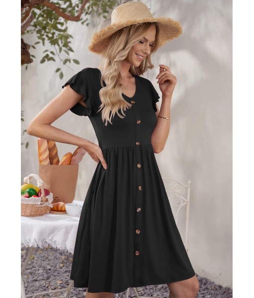 WNEEDU Women Summer Dresses Sleeveless Casual Loose Swing Button Down Midi Dress with Pockets