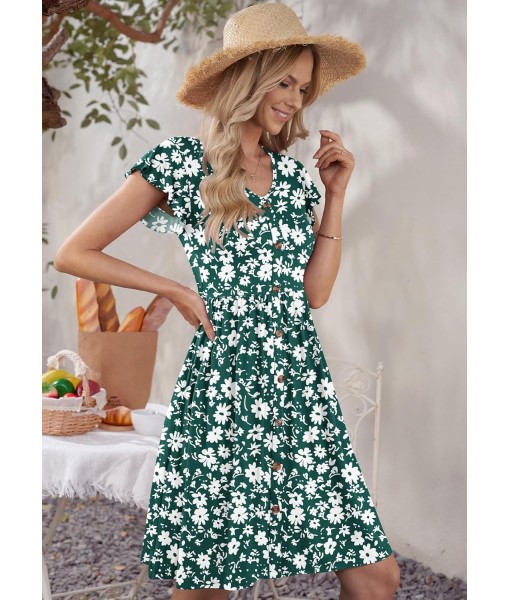 WNEEDU Women Summer Dresses Sleeveless Casual Loose Swing Button Down Midi Dress with Pockets