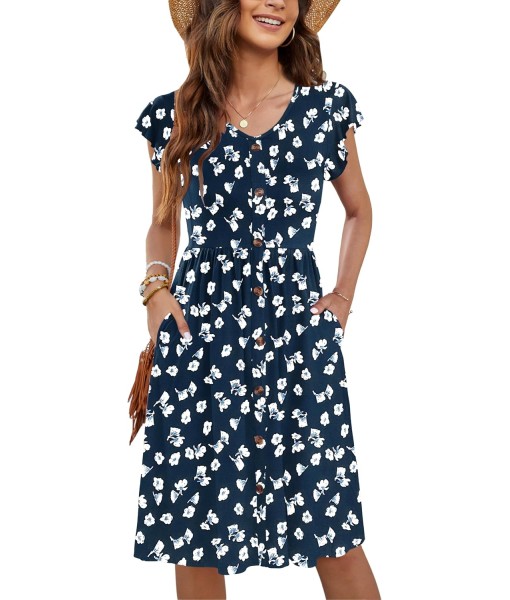 WNEEDU Women Summer Dresses Sleeveless Casual Loose Swing Button Down Midi Dress with Pockets