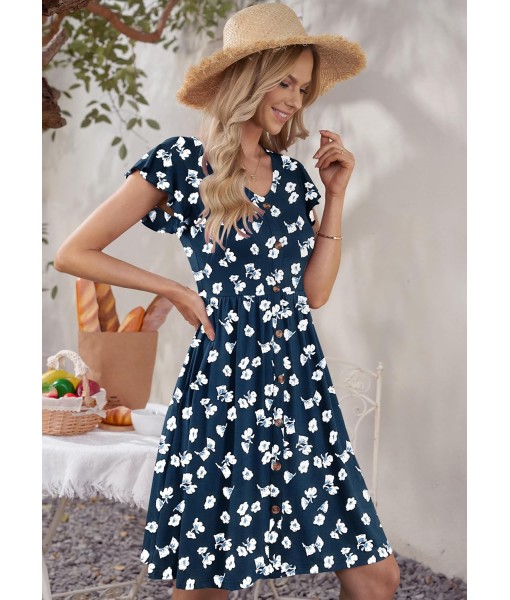 WNEEDU Women Summer Dresses Sleeveless Casual Loose Swing Button Down Midi Dress with Pockets