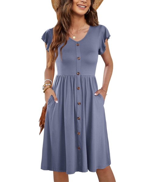 WNEEDU Women Summer Dresses Sleeveless Casual Loose Swing Button Down Midi Dress with Pockets