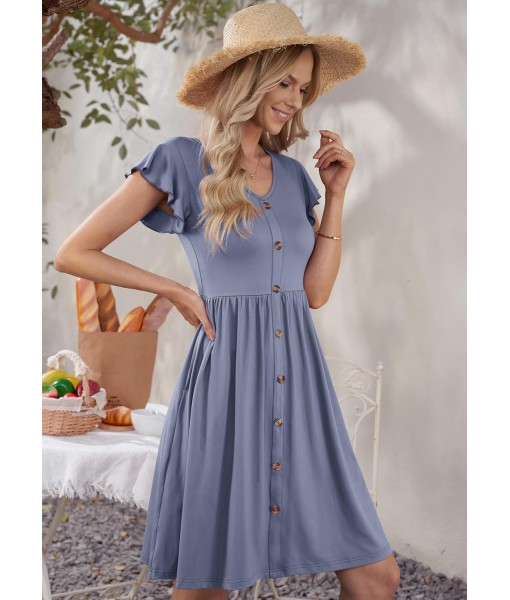 WNEEDU Women Summer Dresses Sleeveless Casual Loose Swing Button Down Midi Dress with Pockets