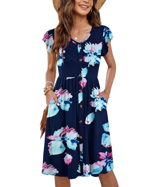 WNEEDU Women Summer Dresses Sleeveless Casual Loose Swing Button Down Midi Dress with Pockets