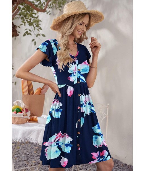 WNEEDU Women Summer Dresses Sleeveless Casual Loose Swing Button Down Midi Dress with Pockets