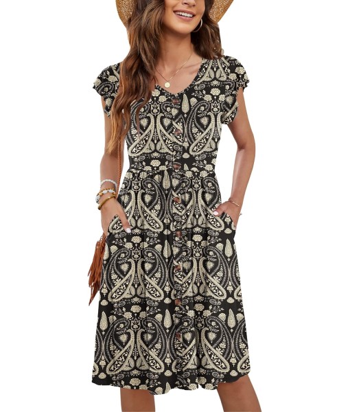 WNEEDU Women Summer Dresses Sleeveless Casual Loose Swing Button Down Midi Dress with Pockets