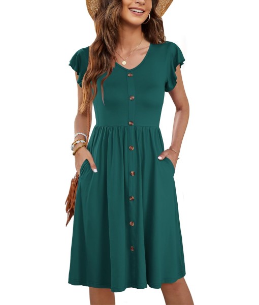WNEEDU Women Summer Dresses Sleeveless Casual Loose Swing Button Down Midi Dress with Pockets
