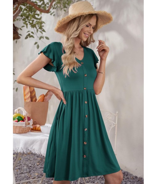 WNEEDU Women Summer Dresses Sleeveless Casual Loose Swing Button Down Midi Dress with Pockets