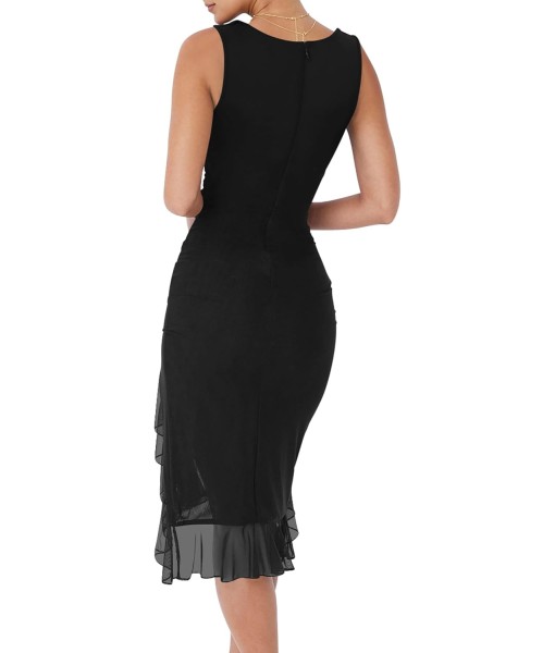 BORIFLORS Women's Sexy Ruched Bodycon Midi Dresses Square Neck Sleeveless Ruffle Hem Club Party Tank Dress