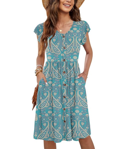WNEEDU Women Summer Dresses Sleeveless Casual Loose Swing Button Down Midi Dress with Pockets