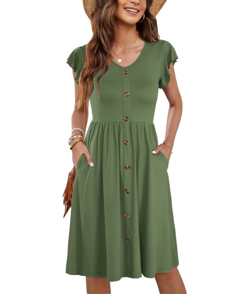 WNEEDU Women Summer Dresses Sleeveless Casual Loose Swing Button Down Midi Dress with Pockets
