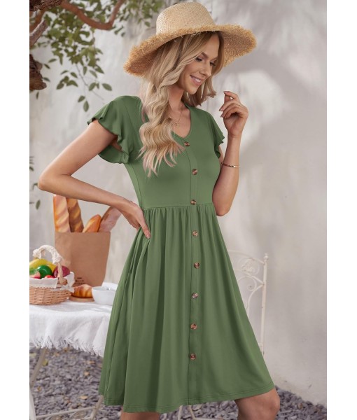 WNEEDU Women Summer Dresses Sleeveless Casual Loose Swing Button Down Midi Dress with Pockets