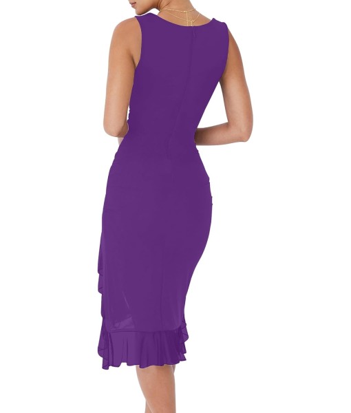 BORIFLORS Women's Sexy Ruched Bodycon Midi Dresses Square Neck Sleeveless Ruffle Hem Club Party Tank Dress