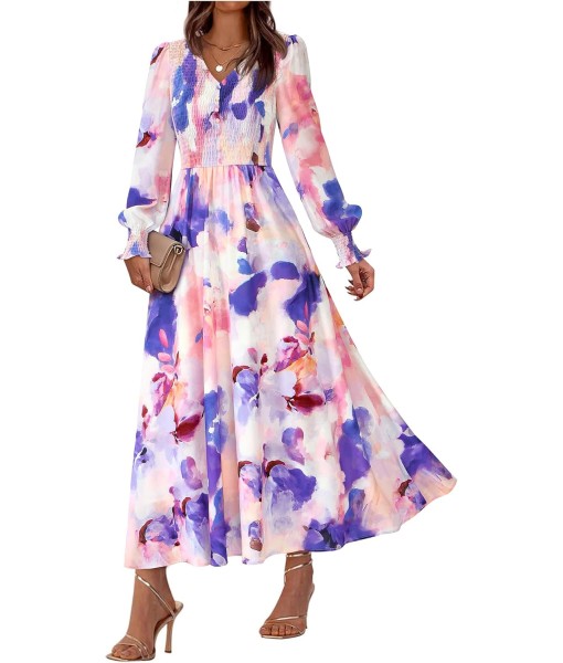 BTFBM Women Fall Wedding Guest Maxi Dresses 2025 Floral V Neck Long Sleeve Boho Long Dress Vacation
